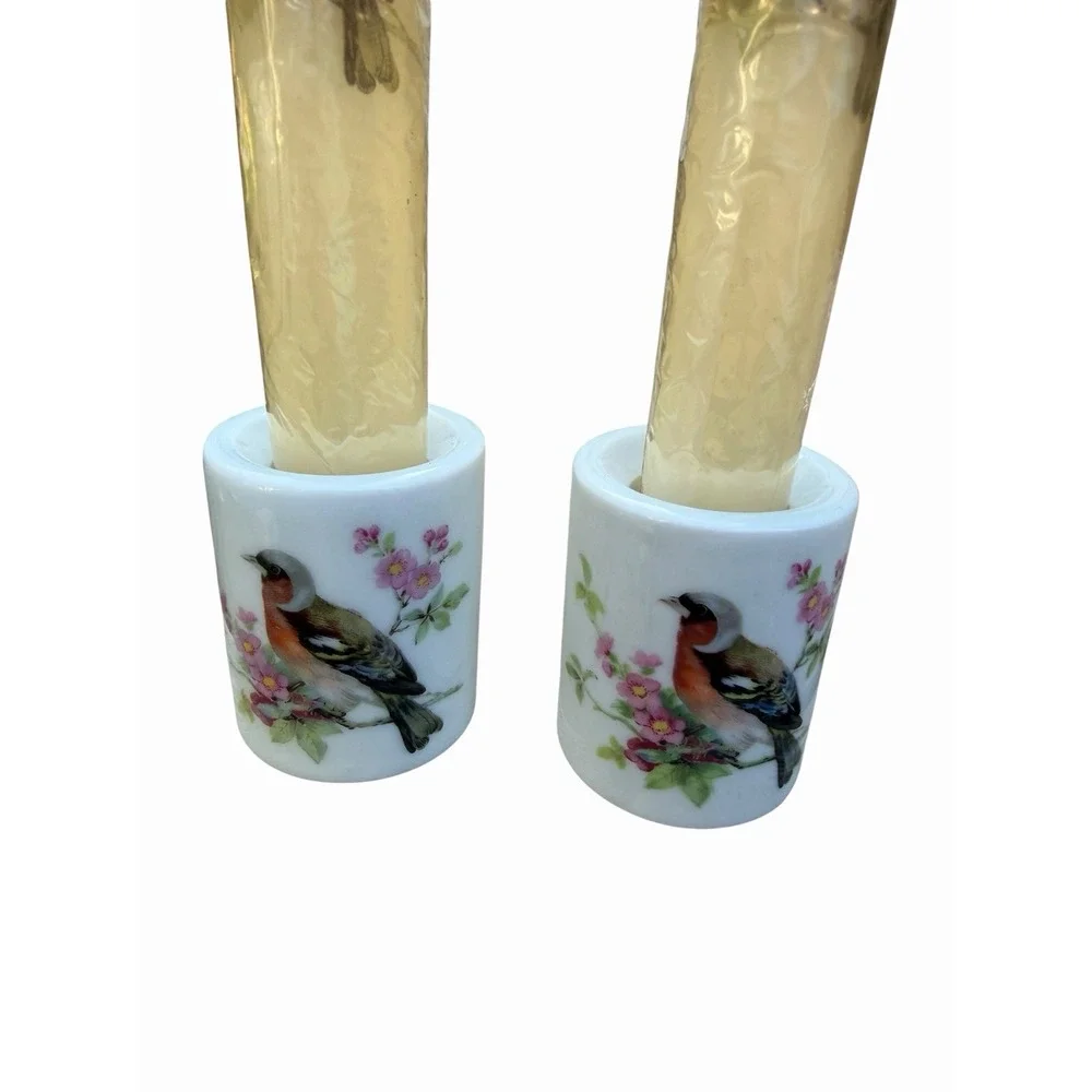 Vintage Set of 2 Taper Candles & Holders Painted Birds and Flowers. Germany MCM